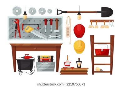 Garage or workshop furniture and tools vector illustrations set. Cartoon drawings of workbench, different instruments hanging on board isolated on white background. Carpentry, repair service concept