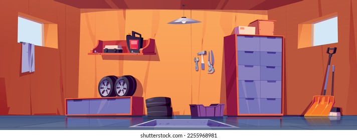 Garage or workshop interior with repair tools and car tyres. Empty garage, shed or storage room with cabinet, snow shovel, broom and toolbox on shelf, vector cartoon illustration