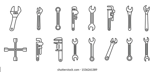 Garage wrench icons set. Outline set of garage wrench vector icons for web design isolated on white background