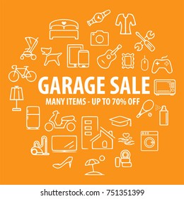 Garage or Yard Sale Banner Template. up to 70% OFF Sale Discount Banner. Special offer sale.  Household, sport and electronic Items for sale. isolated on orange background. Vector illustration.