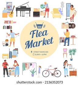 Garage or yard sale poster, banner template, flat vector illustration. Flee market event announcement.