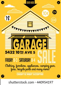 Garage or Yard Sale with signs, box and household items. Vintage printable poster or banner template.