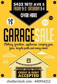 Garage or Yard Sale with signs, box and household items. Vintage printable poster or banner template.