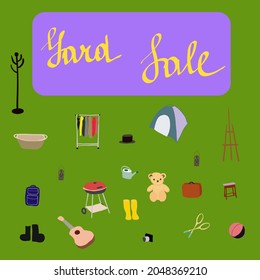 Garage,yard sale vector: various toys, household stuff and clothes putting on sale.Household used goods.Hand drawn line elements.For banners and posters, cards, brochures, invitations, website designs