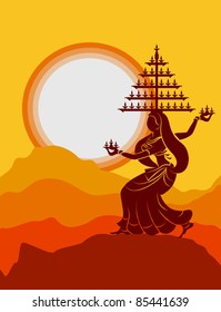 Garba Dancer actuando con diya en la cabeza en el fondo de la puesta de sol, arte de la sombra