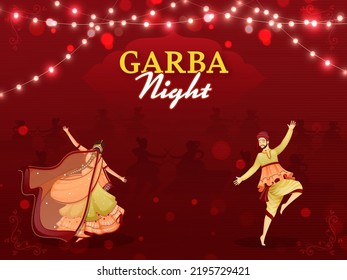 Garba Night Celebration Background Decorated With Lighting Garland And Indian Couple Playing Dandiya.