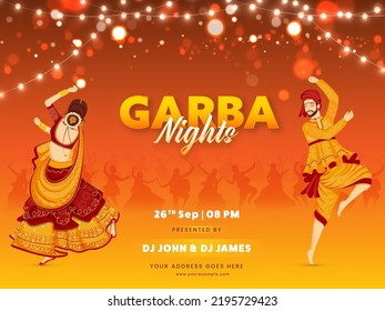 Garba Night Party Celebration Background With Indian Young Couple Dancing And Event Details. svg