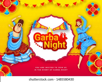 Garba Night party invitation card or poster design with illustration of couple dancing on yellow and red background decorated with floral design.