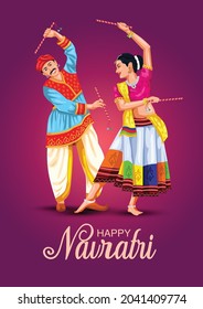 Afiche de la noche de Garba para el festival Navratri Dussehra de la India. diseño de ilustración vectorial de la pareja jugando danza Dandiya.	