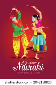 Garba Night poster for Navratri Dussehra festival of India. vector illustration of couple playing Dandiya dance. covid corona virus concept.