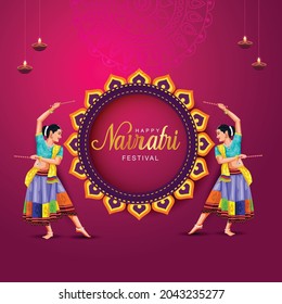 Garba Night poster for Navratri Dussehra festival of India. vector illustration of girls playing Dandiya dance.	