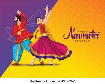 Garba Night poster for Navratri Dussehra festival of India. vector illustration of girls playing Dandiya dance.	