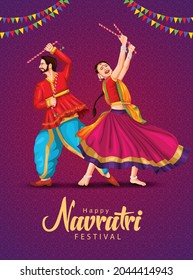 Garba Night poster for Navratri Dussehra festival of India. vector illustration of girls playing Dandiya dance.	