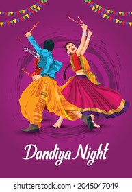 Garba Night poster for Navratri Dussehra festival of India. vector illustration of girls playing Dandiya dance.	