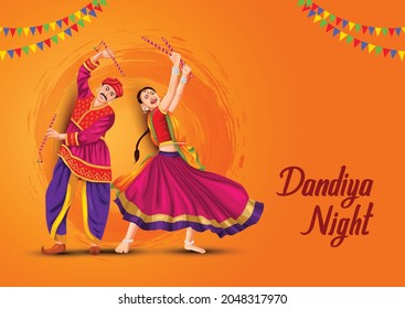 Garba Night poster for Navratri Dussehra festival of India. vector illustration of girls playing Dandiya dance.	