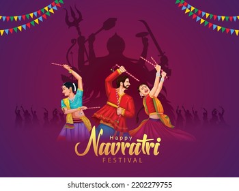 Garba Night poster for Navratri Dussehra festival. vector illustration of peoples playing Dandiya dance.	 svg