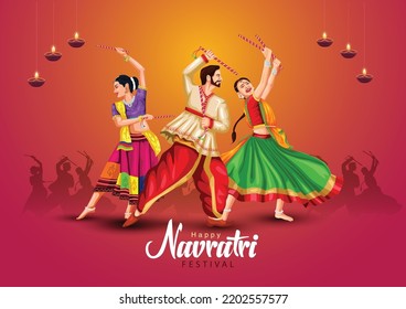 Garba Night poster for Navratri Dussehra festival of India. vector illustration of peoples playing Dandiya dance.	 svg