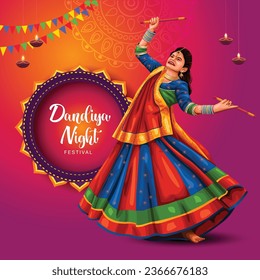 Garba Night poster for Navratri Dussehra festival of India. vector illustration of girl playing Dandiya dance.	