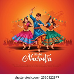 Cartel de la noche de Garba para el festival Navratri Dussehra de India. diseño de Ilustración vectorial de personas que tocan danza Dandiya.