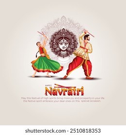 Cartel de la noche de Garba para el festival Navratri Dussehra de India. diseño de Ilustración vectorial de personas que tocan danza Dandiya.