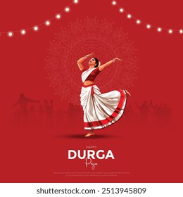 Cartel de la noche de Garba para el festival Navratri Dussehra de India. diseño de Ilustración vectorial de personas que tocan danza Dandiya.