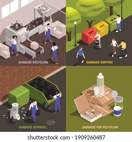 Garbage 2x2 design concept set of sorting removal and recycling square compositions isometric vector illustration