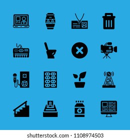 garbage, antenna, video camera, cancel, laptop, selection, toilet, plant and id card vector icon. Simple icons set