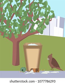 garbage around trash can in the park, vector cartoon illustration in flat style