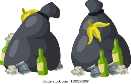 Garbage bag. Black bag with trash and junk. Set scrap. Empty green beer bottle, banana peel, jar, crumpled paper. The problem of disposal and recycling. Cartoon flat illustration