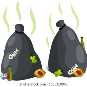 Garbage bag. Black bag with trash and junk. Set scrap. Empty green beer bottle, fish bone, crumpled paper. problem of disposal and recycling. Cartoon flat illustration