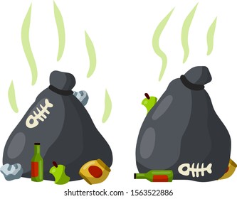 Garbage bag. Black bag with trash and junk. Set scrap. Empty green beer bottle, fish bone, crumpled paper. problem of disposal and recycling. Cartoon flat illustration