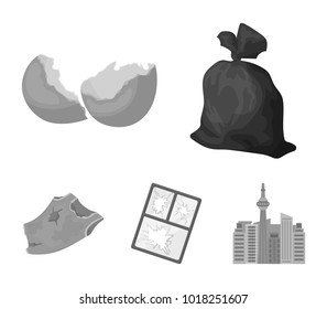 A garbage bag, a broken egg shell, a torn dirty T-shirt, a broken window frame with glass.Garbage and trash set collection icons in monochrome style vector symbol stock illustration web.