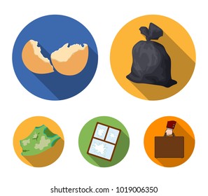 A garbage bag, a broken egg shell, a torn dirty T-shirt, a broken window frame with glass.Garbage and trash set collection icons in flat style vector symbol stock illustration web.