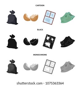 A garbage bag, a broken egg shell, a torn dirty T-shirt, a broken window frame with glass.Garbage and trash set collection icons in cartoon,black,monochrome style vector symbol stock illustration web.