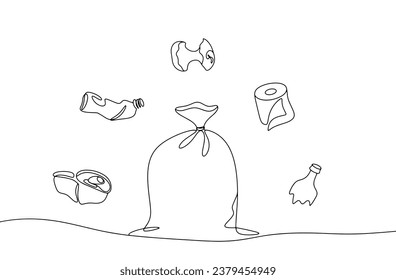 Garbage bag with different types of waste. Metal, plastic, paper, glass and food. The importance of sorting waste. Global Recycling Day. One line drawing for different uses. Vector illustration.