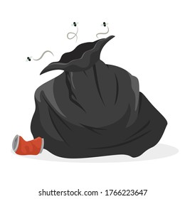 Garbage bag, full trash nasty sack stinking. Trash bag with odor and flies. Vector garbage bag cartoon illustration isolated on white background