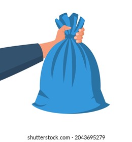 Garbage bag holding in hand. Man throwing trash bags. Vector illustration flat design. Isolated on white background. Trash can with recycle icon.