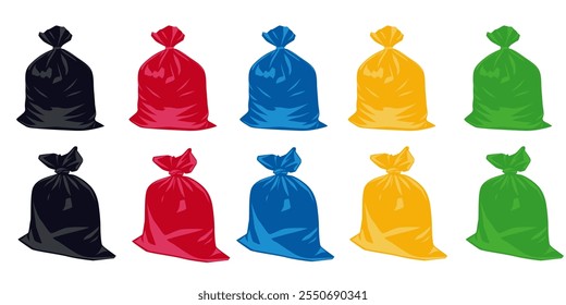 Conjunto de ícones do saco de lixo. Lixo, resíduos e lixo em embalagem de plástico. Vetor