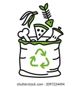 Garbage bag with organic waste. Green and white illustration with black outline. Simple flat three color vector icon for website, app, print, presentation, and more