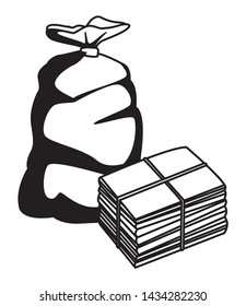 garbage bag with paper moored icon cartoon in black and white vector illustration graphic design