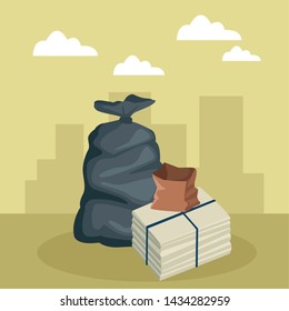 garbage bag, paper pile moored and paper bag icon cartoon outdoor with colorful cityscape silhouette with skyscraper and clouds vector illustration graphic design