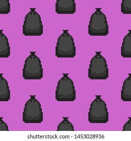 Garbage bag pixel art pattern seamless. rubbish black sack 8 bit background. Vector texture