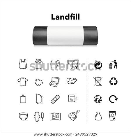 Garbage bag roll for landfill mockup with set icons . High realistic. Vector illustration isolated on white background. Ready for your design. EPS10.	