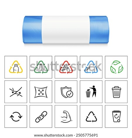 Garbage bag roll mockup with recycling icons set. High realistic. Vector illustration isolated on grey background. Ready for your design. EPS10.