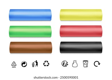 Garbage bag roll mockup set with set icons. High realistic. Vector illustration isolated on white background. Ready for your design. EPS10.	