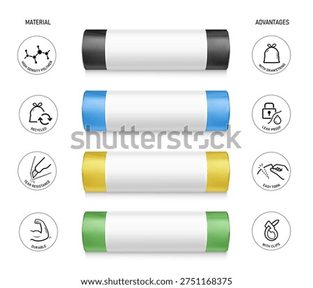 Garbage bag roll mockup set with set icons. High realistic. Vector illustration isolated on white background. Ready for your design. EPS10.	