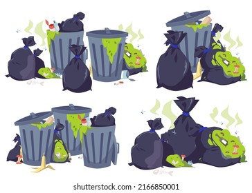 Garbage bag and trash can with smelly and rotten leftover, flat vector illustration isolated on white background. Set of waste pile with dirty containers and flies. Ecology and environment concepts.