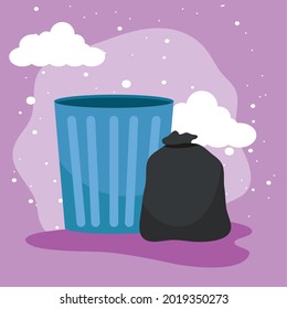 garbage bag and trash on purple background