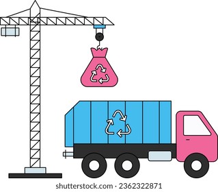 Garbage bags are being loaded onto truck with crane.