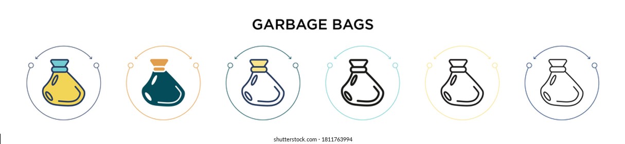 Garbage bags icon in filled, thin line, outline and stroke style. Vector illustration of two colored and black garbage bags vector icons designs can be used for mobile, ui, web
